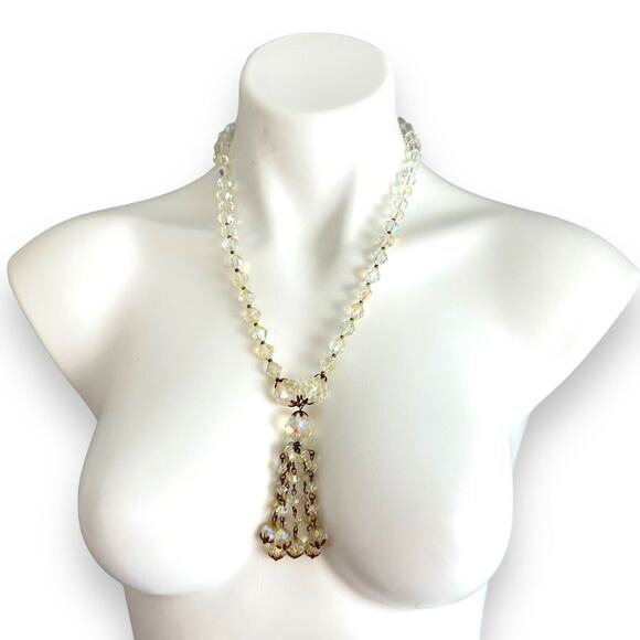 Aurora Borealis Glass Crystal Bead Necklace Long Necklace Tassel Gold Tone 50s - Picture 2 of 16